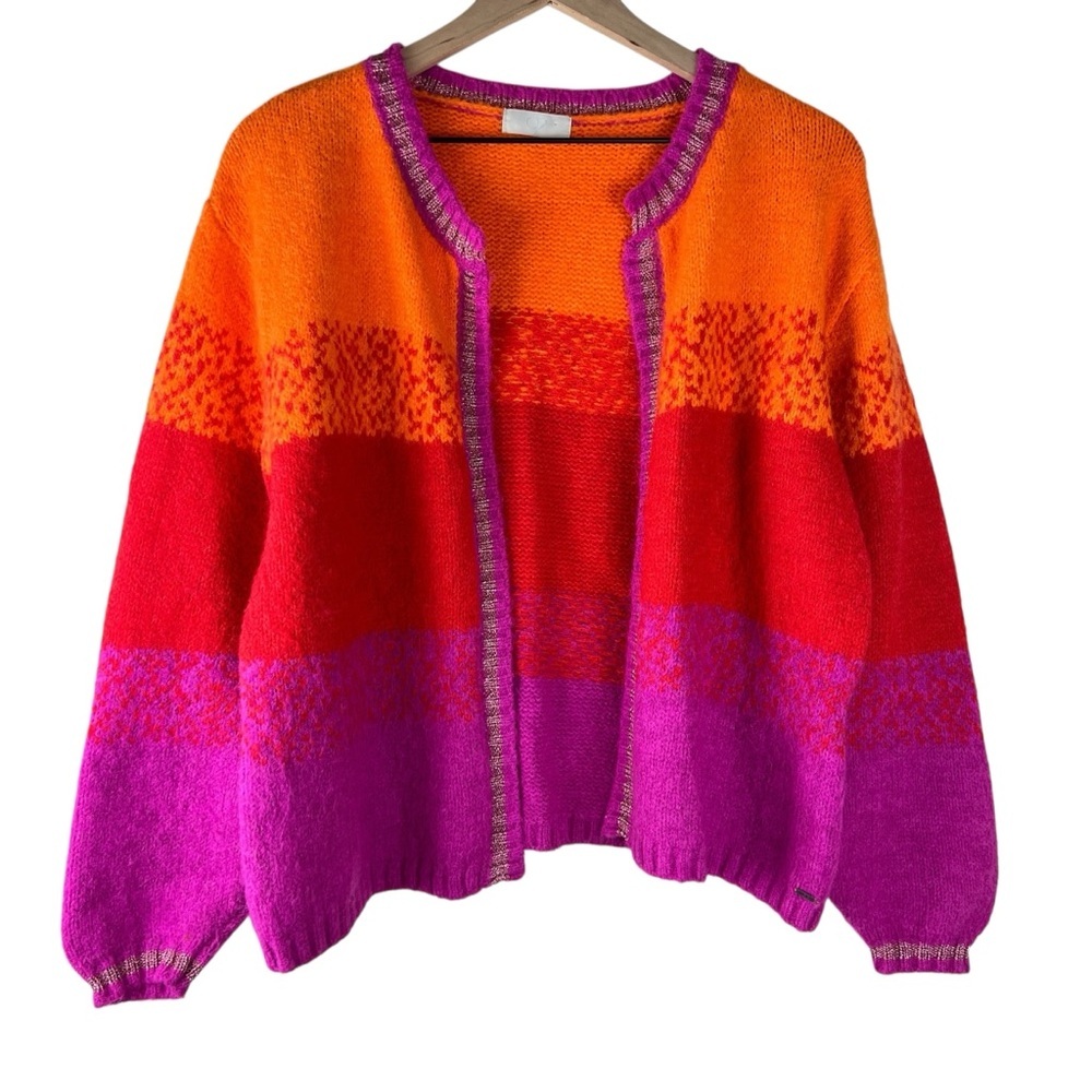 Q2 Orange Red Pink Ombre Knit Open Front Cardigan Sweater